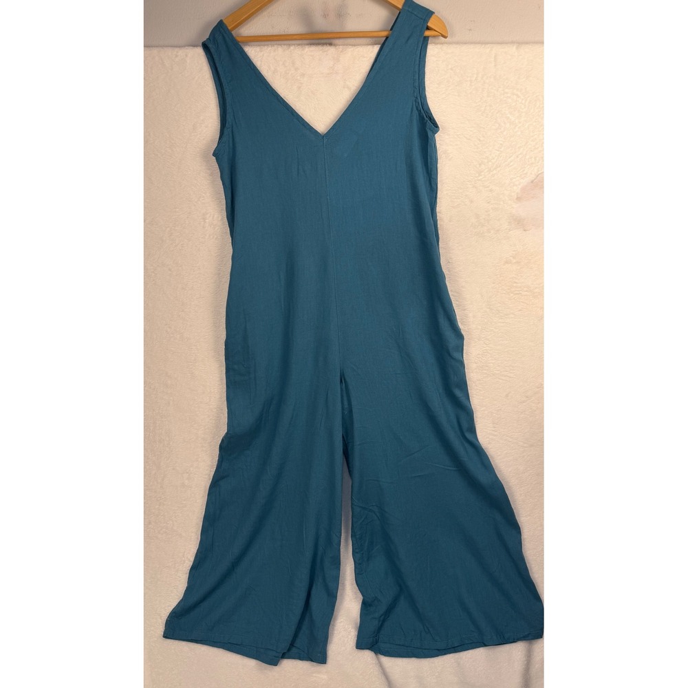 Cynthia Rowley Teal Blue Linen Blend Wide Leg V-Neck Sleeveless Jumpsuit Small - Picture 2 of 16